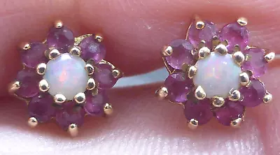 Modern Secondhand 9ct Yelllow Gold Ruby Opal Stud Earrings • £29