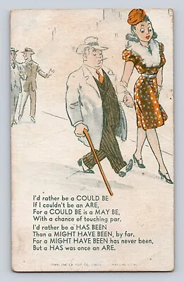 Humor Postcard Short Man In A Suit Cane & Tall Curvy Woman Poem Vintage 1910-20 • $4.88