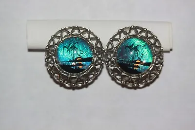 Vintage Clip On Earring Palm Tree Tropical Morpho Butterfly Wing • $29.95