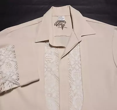 Vintage Beau Tiki Wedding Shirt Men's Medium 70s Beige Lace Iolani Hawaii Aloha • $19.97