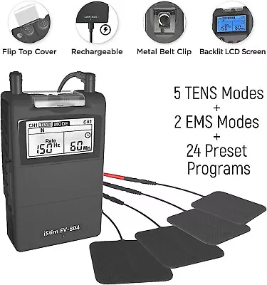 ISTIM EV-804 TENS/EMS 2 Channel Rechargeable Combo Machine Unit - Muscle Stimula • $78.88