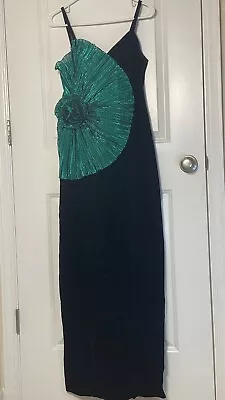 Vintage Alyce Designs Green With Black Velvet Prom Formal Evening Dress Size 10 • $84.98