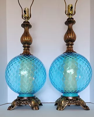 Pair Vtg Mid Century Hollywood Regency Optical Handblown Blue Glass Table Lamps • $535