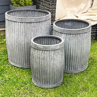 Set Of 3 Galvanised Tub Planters Large Metal Round Ribbed Dolly Garden Drum Pots • £112