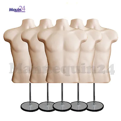 $165.85 • Buy 5 Pack Flesh Mannequin Male Torso Dress Forms + 5 Table Top Stands + 5 Hangers