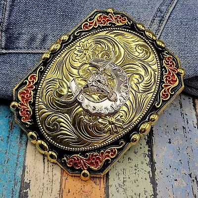 Longhorn Horseshoe  Western Heavy Quality Buckle LARGE SIZE  GOLD / Red Border • $35