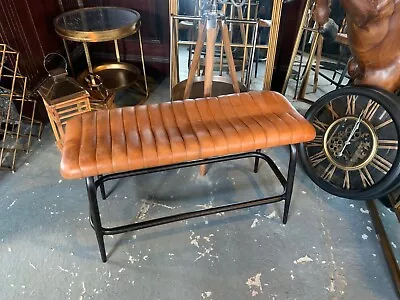 Brand New Large Vintage Industrial Style Ribbed Leather Bench In Tan • £159