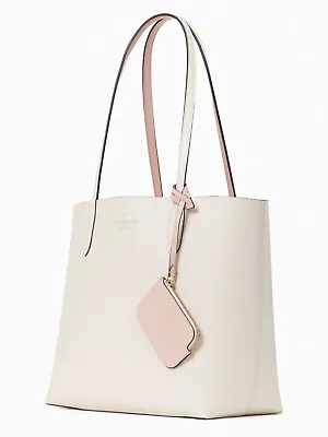Kate Spade Ava Reversible White Leather Tote + Pouch Parchment K6052 NWT $359 FS • $220.53