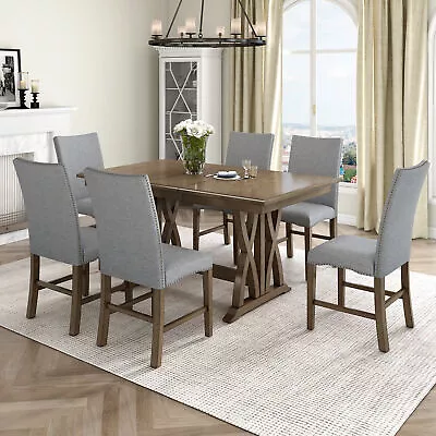 7-Piece Dining Table Set W/6 Upholstered Chairs Extendable Table W/Movable Leaf • $847.86