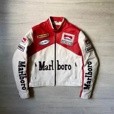 Men’s Marlboro Vintage Racing Jacket Riding Motorcycle Real Biker Leather Jacket • $43.91