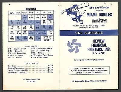 1978 MIAMI ORIOLES  FSL Single A Minors   Regular Season  POCKET SCHEDULE  VG-EX • $19.95