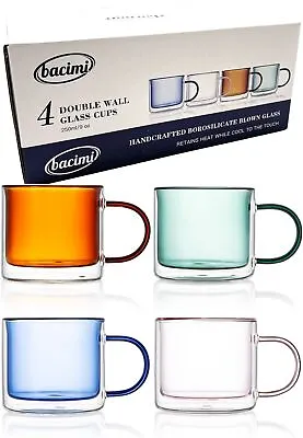 Bacimi Double Wall Borosilicate Glass Coffee Tea Cups Mugs 9oz / 250ml 4 Pack • $36.95