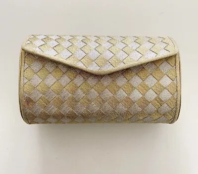 Vintage Neiman Marcus Gold Silver Checkered Clutch Glitter W/ Crossbody Chain • $18.85