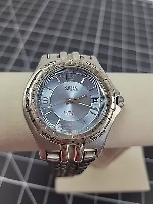 Men's Guess WaterPro Watch 50 Meters WR165 Ft - Untested - Silver With Blue Face • $16.49