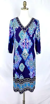 $19 • Buy Chicos Dress Womens Size M Purple Abstract V-Neck 3/4 Sleeve Shift Dress