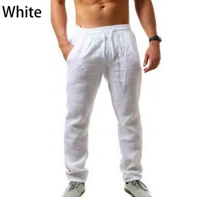 Mens Cotton Linen Loose Pants Casual Beach Drawstring Trousers Slacks Summer • $12.65