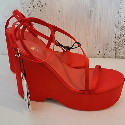 ZARA  Chunky SATIN Strap Wedge  PLATFORM  SANDAL RED 1315/010/020 2022 • $70