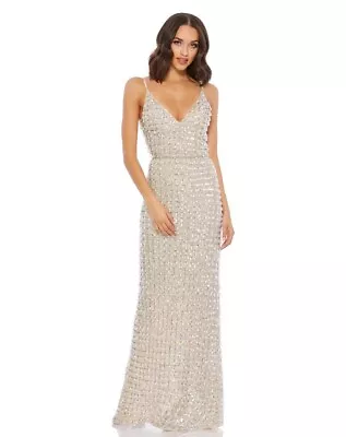 Mac Duggal Geometric Embellished Crystal Drop V-neck Gown 5394 Nude Silver Sz 8 • $399.99