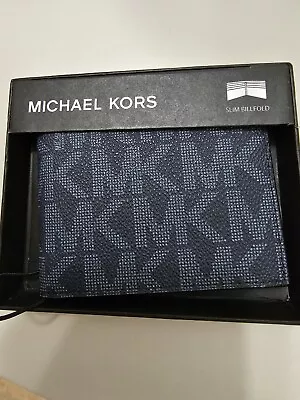 Michael Kors Men's  Jet Set  Genuine  Mk  Blue Leather Passcase Wallet  $98 Nib • $27.99