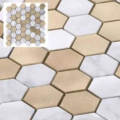 White Calacatta Marble Champagne Gold Metal 1.5  Hexagon Mosaic Tile Backsplash • $3.99