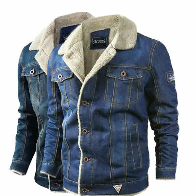 Mens Fleece Lined Winter Warm Jean Coat Trucker Denim Jacket Fur Lapel Collar • £45.02