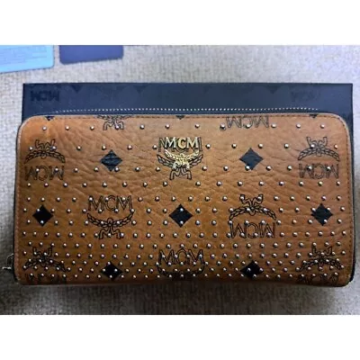 MCM Visetos Monogram Brown Long Zipper Wallet With Studs - Gently Used • $126.88