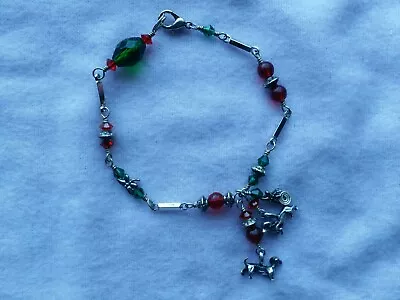 Handmade Dachshund Charm Bracelet Red Green Silver Glass Bead 925 Dogs Dragonfly • $15