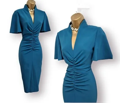 Karen Millen Teal Green Ruched Tuxedo Forever Wiggle Pencil Occasion Dress UK 12 • £59.99