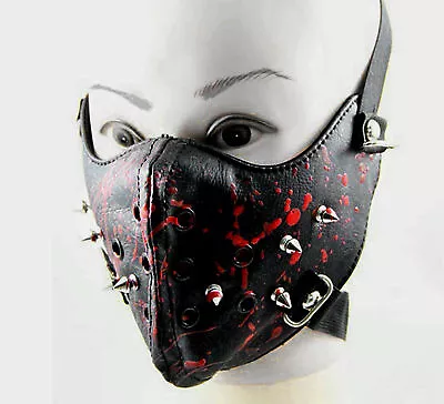 BLACK PU Leather Mask HALF FACE BLOODY  METAL SPIKES Halloween Cosplay BIKER • $18.96