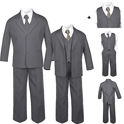 $82.99 • Buy Dark Grey Tuxedo Suits + #6 Style Tie Boy Baby Toddler Kid Teen Formal Wedding 