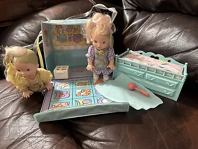 1998 Toy Island Take Along Babies Mechanical Walking 2 Doll & Case With Crib Bed • $9.95