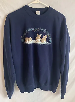 Vintage 80’s Unisex Sweatshirt Bunny Rabbit Size Large Blue USA Made • $29.95
