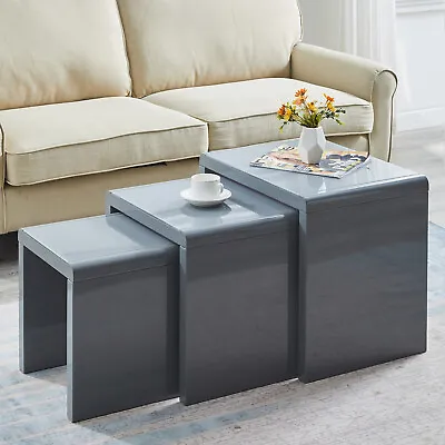£119.99 • Buy Nest Of 3 Tables Grey Tempered Glass Top White High Gloss Side End Coffee Home