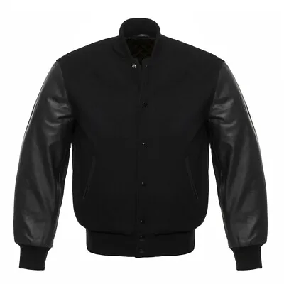 Varsity Letterman Solid Black Wool Genuine Leather Sleeves Bomber College Jacket • $89.99