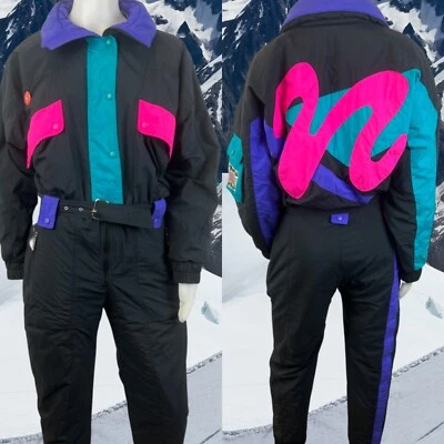 $99 • Buy Vintage Ski Suit One Piece Snowsuit Ski Bib Womens Size 12 Neon Retro 80s Warm