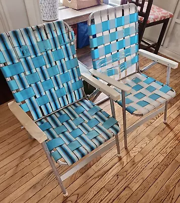 Set Of 2 Vintage Aluminum Folding Lawn Chair Patio Blue & White Webbing • $30