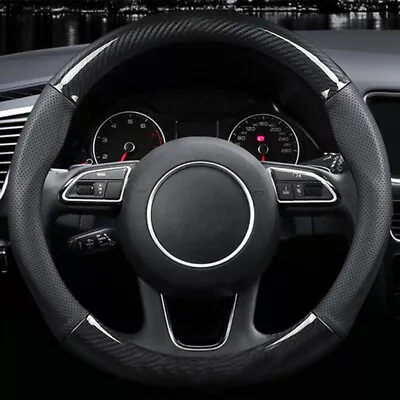 15  Black Car Steering Wheel Cover Carbon Fiber Leather Universal Interiors 38CM • $25.95