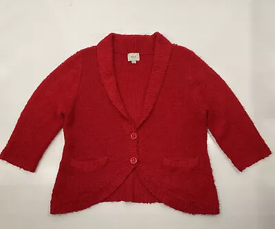 Eci New York Women's L Cardigan Sweater 3/4 Sleeve Red Solid Boucle 2 Button Up • $21