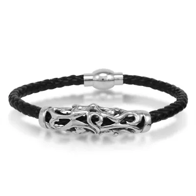 Braided Black Leather Men's Bracelet  8 1/2 Inches With Magnetic Steel Clasp • $14.95