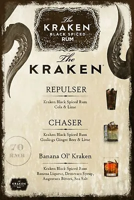 £3.99 • Buy Kraken Rum Cocktail Menu Aged Look Vintage Style Metal Sign Bar Pub Mancave