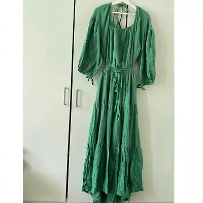 Free People Ibiza Sun Midi Dress Size L Large Boho Flowy Open Back Green • $80.90