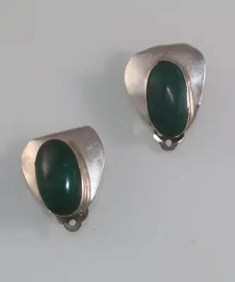 Vintage Sterling Silver Mexico Earrings Clip On Malachite Modernist • $14.99