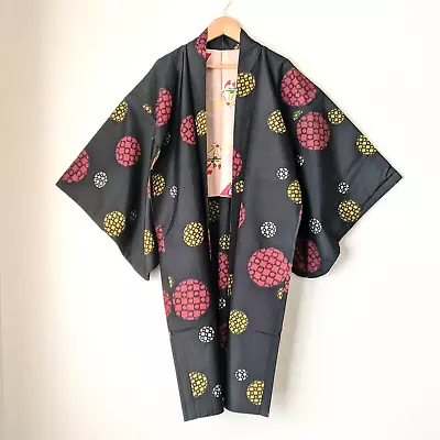 Japanese Vintage Haori Long Gown Silk MEISEN Black Polka Dots Kimono Jacket Coat • $69