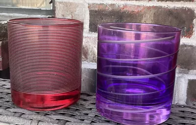 2 Vintage Cut To Clear Spiral Ruby Red And Purple Rocks Lowball Whiskey Glasses • $30