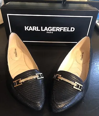 Karl Lagerfeld Women's DUTOT Leather Pointed Toe Flats Black Wax Lizard 6.5 NEW • $29.99