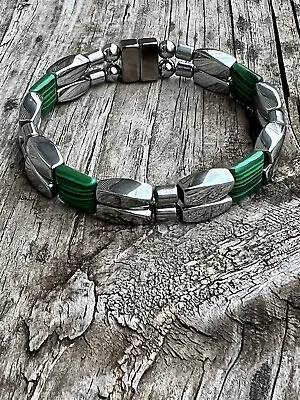 $40.49 • Buy Men’s Women’s Magnetic Silver MALACHITE  Hematite Bracelet Anklet 2 Row Therapy
