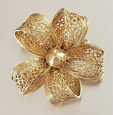 Vintage Lisner Gold Tone Filigree Bow Brooch • $34.99