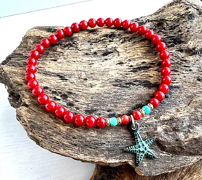 5mm Red Coral And Greek Patina Star Fish Charm BraceletNew Beginning Protection • $7.99