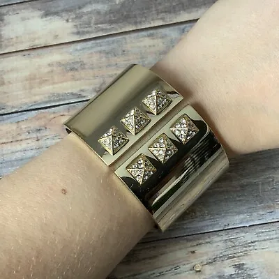 Victorias Secret Bracelet Gold Tone Rhinestone Stud Clamper Bangle Statement • $4.99