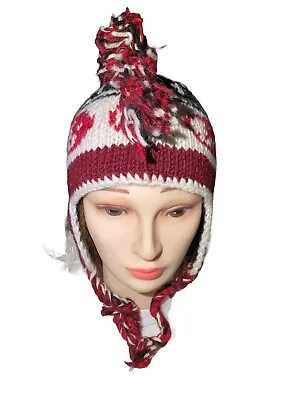 100% Wool Mohawk Hand Knitted Hat Fleece Lined Earflaps 1 Sz Fits Most Nepal New • $14.39
